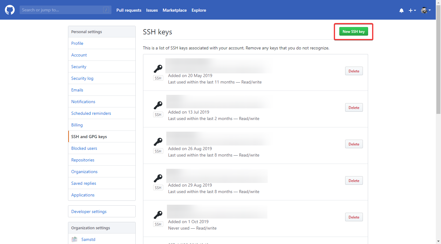 Github SSH KEY页面