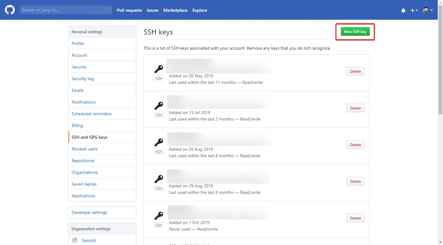 Github SSH KEY页面
