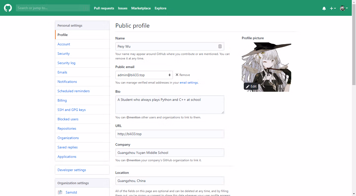 Github Settings - Profile