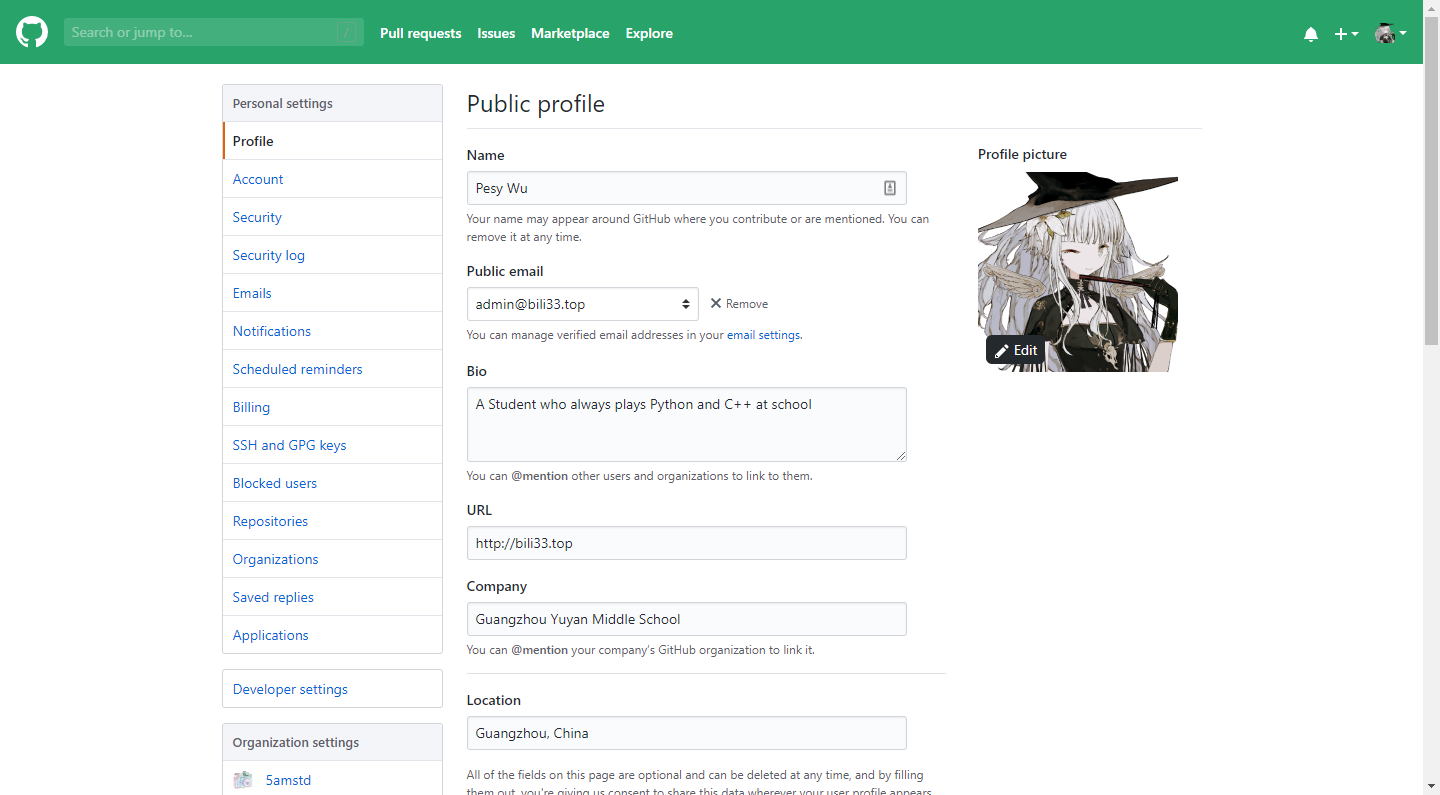 Github Settings - Profile