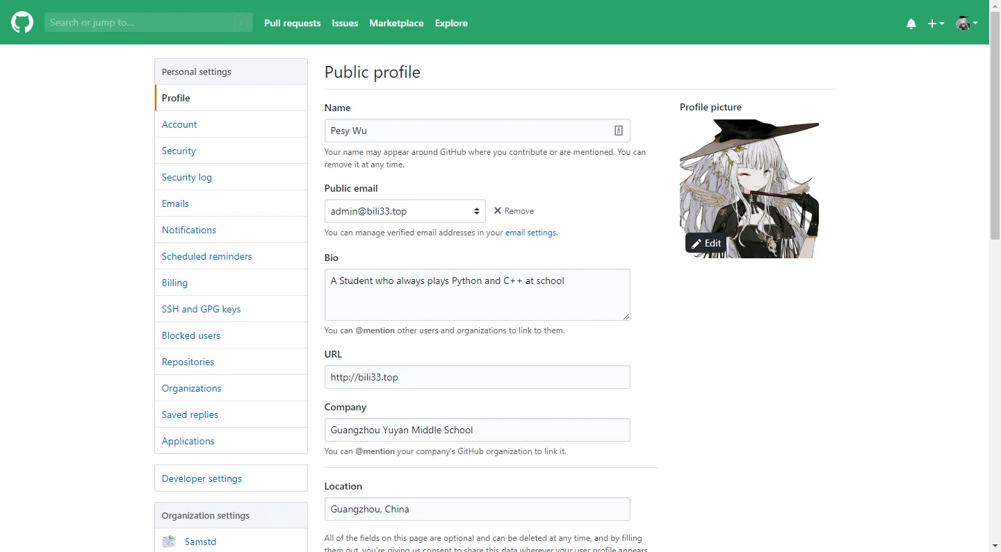 Github Settings - Profile
